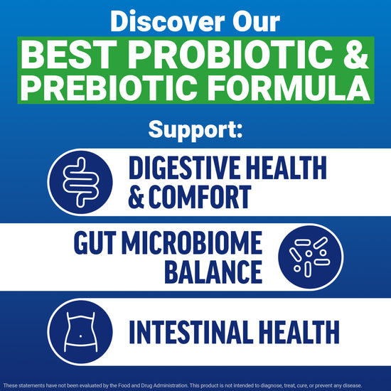 Infographic showing probiotic and prebiotic formula supports digestive health, gut microbiome balance, and intestinal health