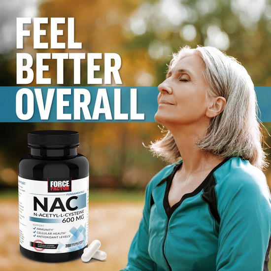 A woman enjoying fresh air outdoors next to a Force Factor NAC supplement bottle, promoting overall well-being and vitality.