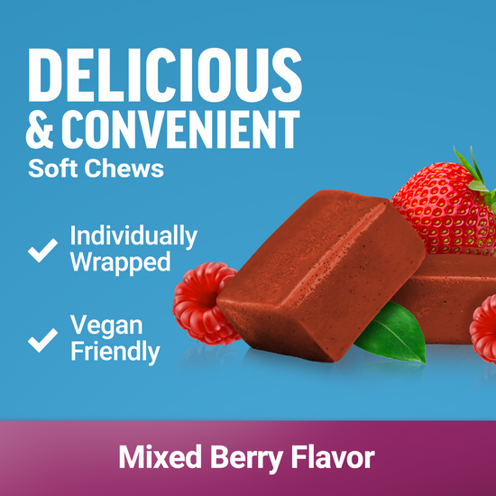 Mixed berry soft chew with Force Factor branding, surrounded by fresh berries, labeled individually wrapped and vegan friendly.