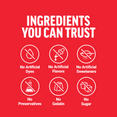 Red graphic listing “Ingredients You Can Trust” with icons stating no artificial dyes, flavors, sweeteners, preservatives, gelatin, or sugar