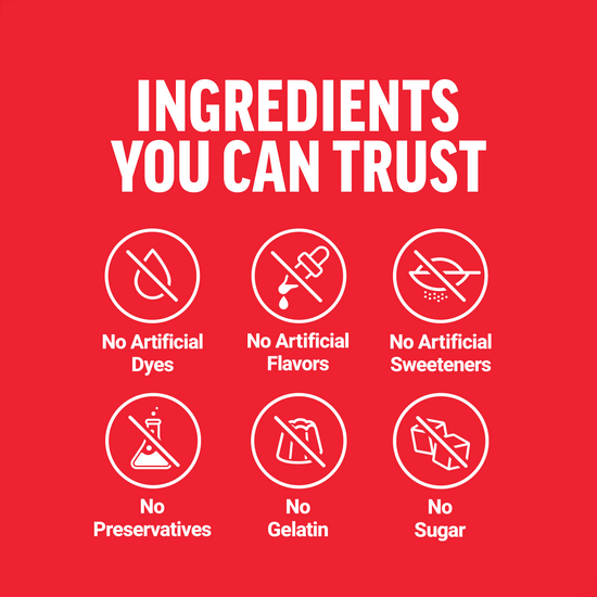 Red graphic listing “Ingredients You Can Trust” with icons stating no artificial dyes, flavors, sweeteners, preservatives, gelatin, or sugar