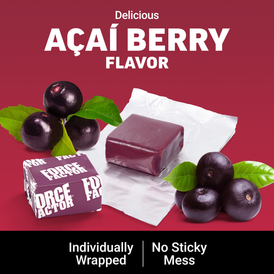 Force Factor Total Beets açaí berry flavor soft chew, individually wrapped with no sticky mess, surrounded by açaí berries
