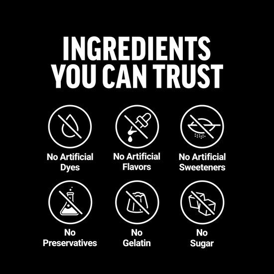 Ingredients you can trust: no artificial dyes, flavors, sweeteners, preservatives, gelatin, or sugar.