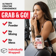Woman holding creatine bottle at gym with “Grab & Go” and no powder, no mixing, no mess checklist