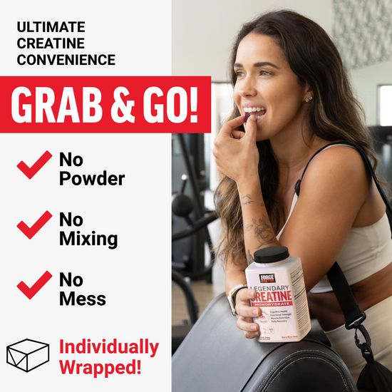 Woman holding creatine bottle at gym with “Grab & Go” and no powder, no mixing, no mess checklist