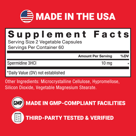 Supplement facts panel showing 10mg Spermidine per serving, with GMP and third-party tested badges and Made in the USA claim