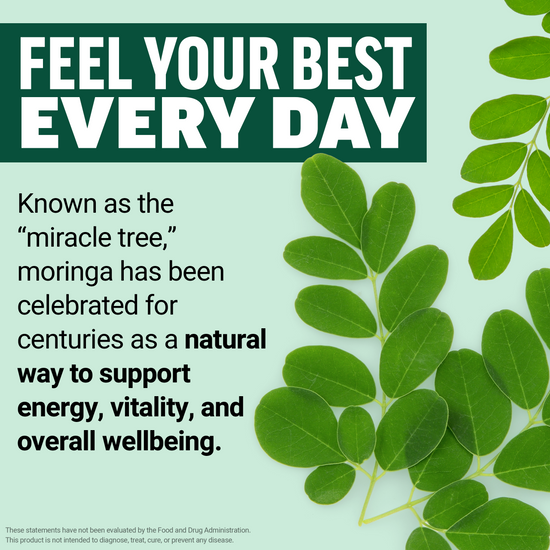 Fresh moringa leaves with text explaining moringa known as the miracle tree supports energy, vitality, and overall wellbeing