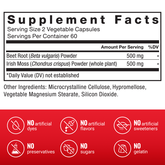 Supplement Facts Panel and Nutrition Information of Force Factor Irish Sea Moss + Beetroot Supplement