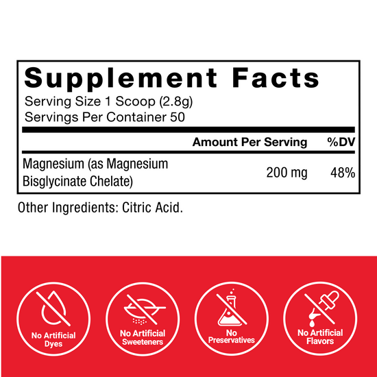 Supplement facts panel for Force Factor Magnesium Glycinate Powder with 200mg magnesium bisglycinate chelate, no artificial dyes, sweeteners, or preservatives