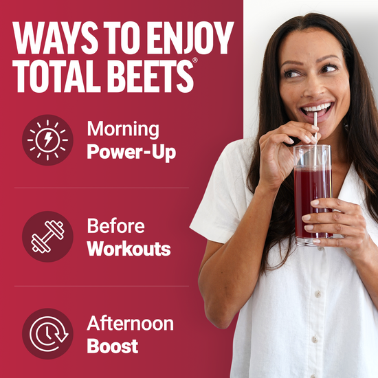 Ways to enjoy Total Beets graphic with woman drinking beet juice: morning power-up, before workouts, afternoon boost.