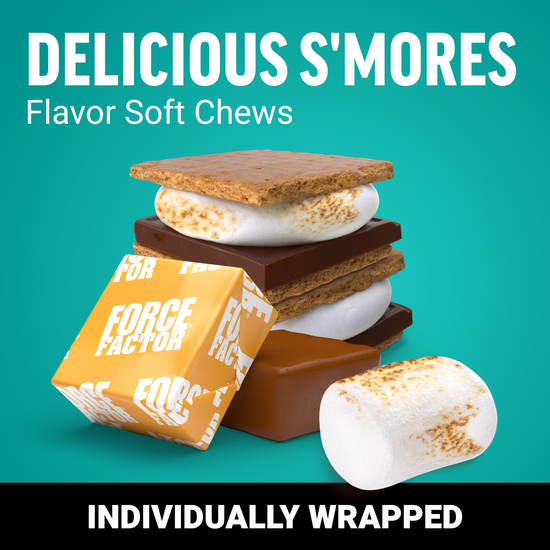S’mores flavor Force Factor chews with graham cracker, chocolate, and marshmallow stack on teal background.