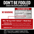 Warning infographic exposing competitor supplement label tricks versus Force Factor's standardized 1,200mg Longjack Tongkat Ali