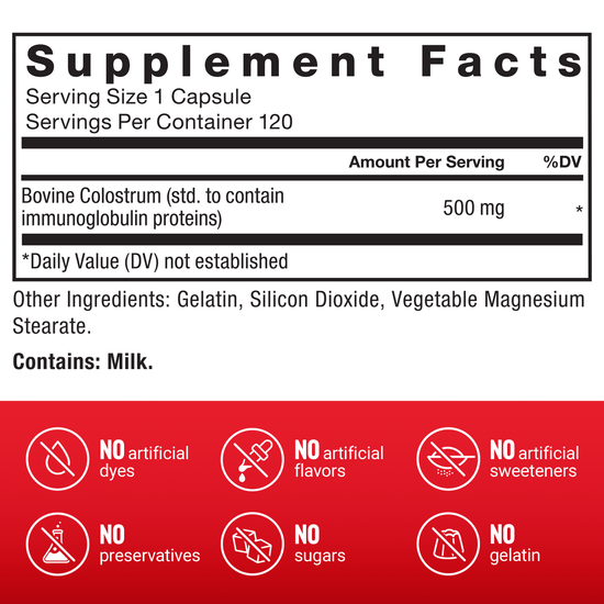 Supplement facts for bovine colostrum supplement, highlighting ingredients and absence of artificial additives.