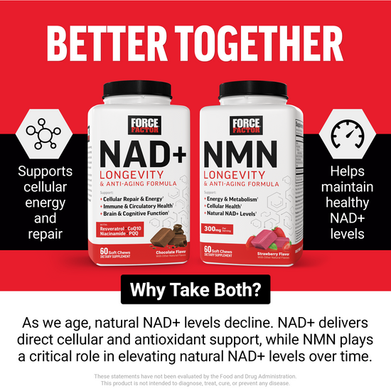 NAD+ and NMN Longevity soft chew bottles under Better Together headline with cellular energy and NAD+ level benefits.