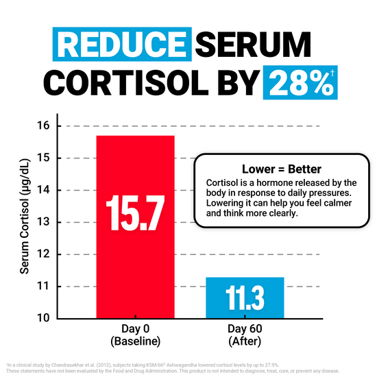 Bar graph showing 28% reduction in serum cortisol after 60 days of Ashwagandha supplementation for stress relief.