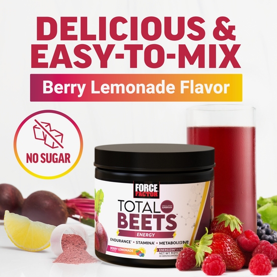 Total Beets Energy berry lemonade tub with raspberries and lemon beside a glass of beet drink and no-sugar icon.