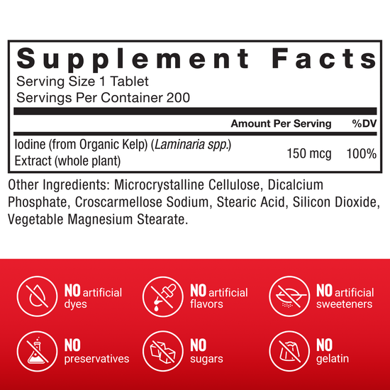 Supplement facts for a dietary supplement, highlighting iodine content and absence of artificial ingredients.