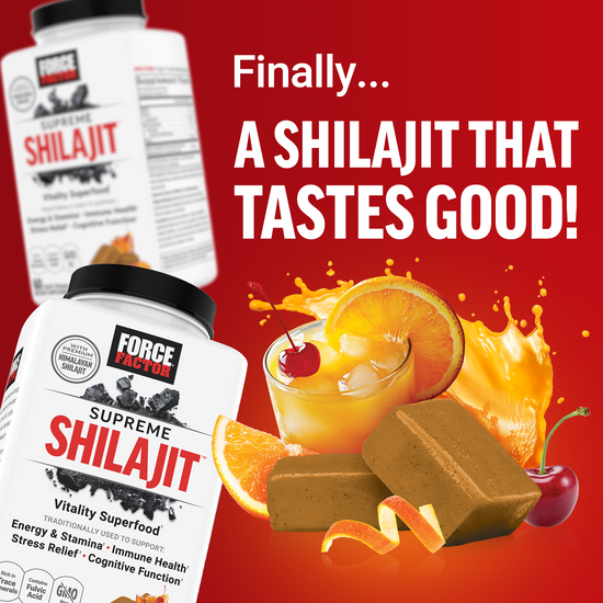 Shilajit soft chews with oranges and cherries, promoting great taste and energy support