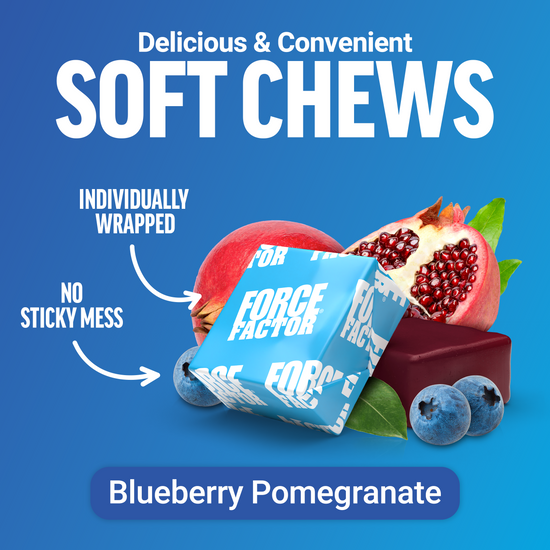 Blueberry pomegranate soft chews with arrows pointing to “no sticky mess” and “individually wrapped.”