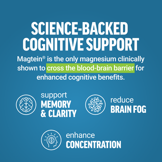 Magtein benefits graphic highlighting memory, brain fog, and concentration support