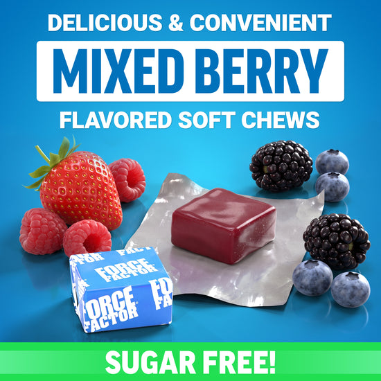 Strawberries, raspberries, blackberries, and blueberries beside a Force Factor soft chew, promoting mixed berry flavor and sugar-free formula