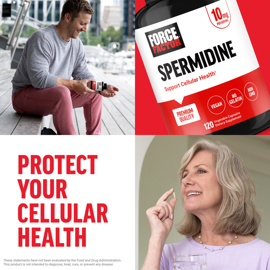 Four-panel collage with product bottle, man and woman holding capsules, and bold text reading “Protect Your Cellular Health”