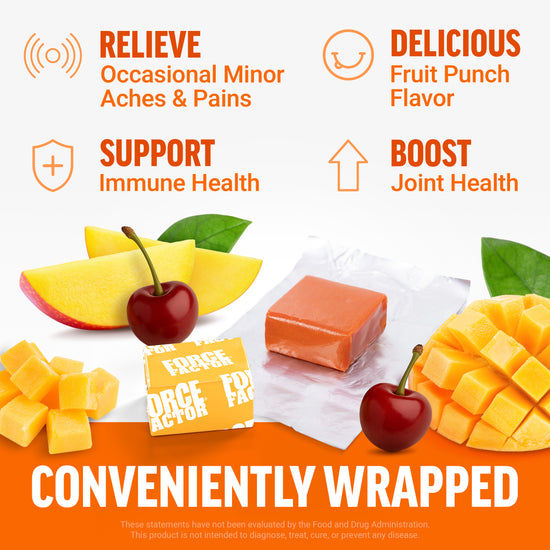 Fruit punch soft chew with mango and cherry, supports joints, immune health, and minor pain relief, individually wrapped.