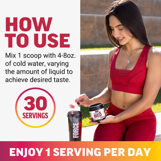 Woman in red activewear scooping Total Beets powder into shaker with instructions showing 30 servings per container.