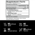 Supplement facts for a health supplement, highlighting ingredients and claims of no artificial dyes, gelatin, preservatives, or flavors.