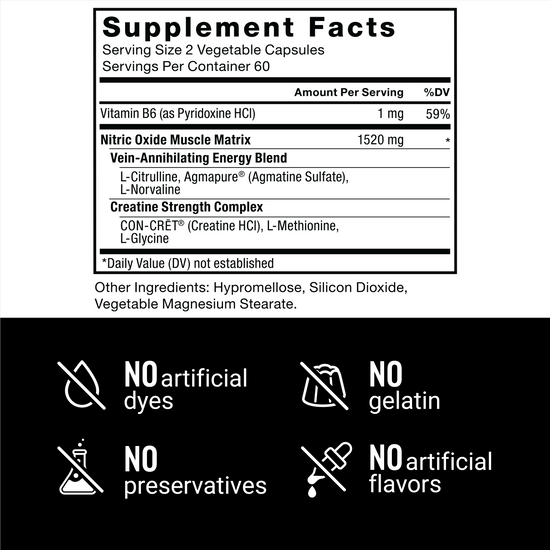 Supplement facts for a health supplement, highlighting ingredients and claims of no artificial dyes, gelatin, preservatives, or flavors.