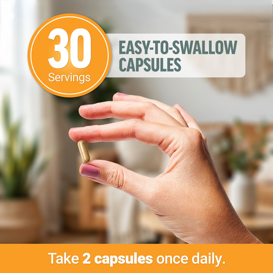Hand holding a liver supplement capsule with 30 servings and daily dosage instructions