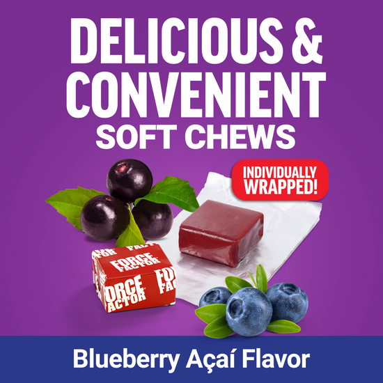 Individually wrapped soft chews in blueberry açaí flavor shown with fresh fruit.