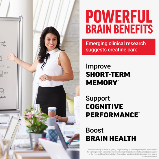 Woman presenting at whiteboard with text showing creatine may improve short-term memory, cognitive performance, and brain health