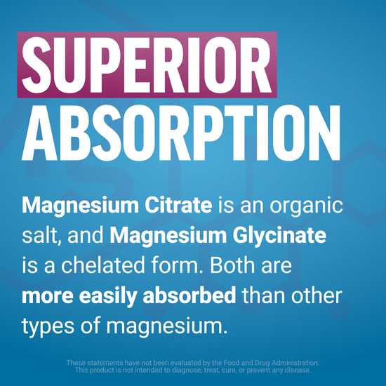 Text explains superior absorption of magnesium citrate and glycinate compared to other forms, on a blue background.