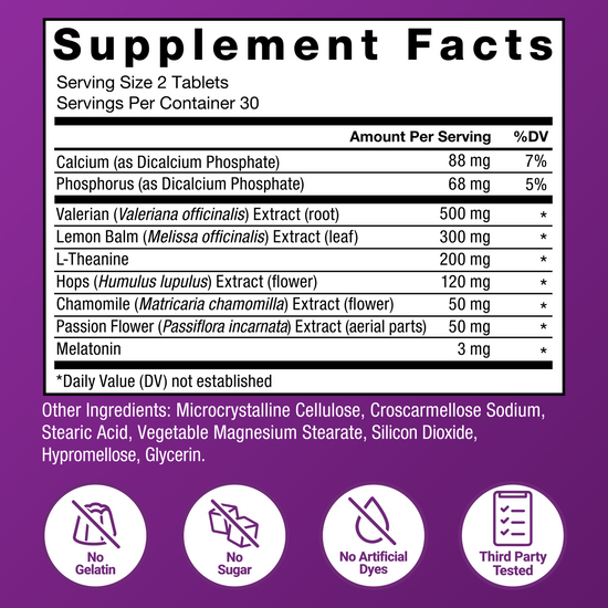Somnapure supplement facts panel listing sleep-supporting ingredients and icons for no gelatin, no sugar, no artificial dyes.