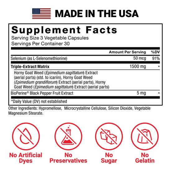 Supplement facts for Horny Goat Weed Max showing 1,500mg triple-extract matrix, BioPerine, and no artificial additives.