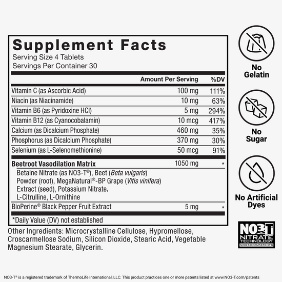 Supplement label for Total Beets Tablets with detailed nutritional information and ingredient list on a white background.