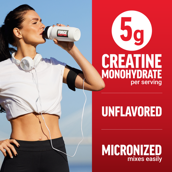Woman drinking from a Force Factor shaker with text promoting unflavored micronized creatine monohydrate.
