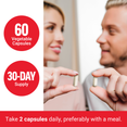 Smiling man and woman each holding a capsule, with text indicating 60 vegetable capsules and 30-day supply.