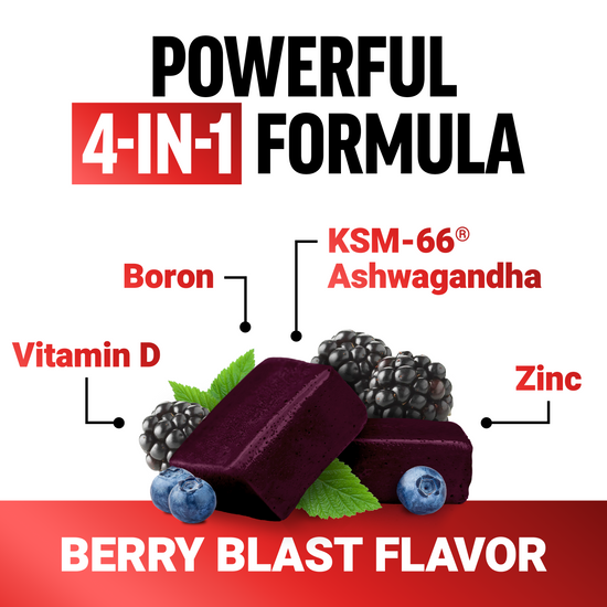 Soft chew with KSM-66, boron, vitamin D, and zinc in berry blast flavor.