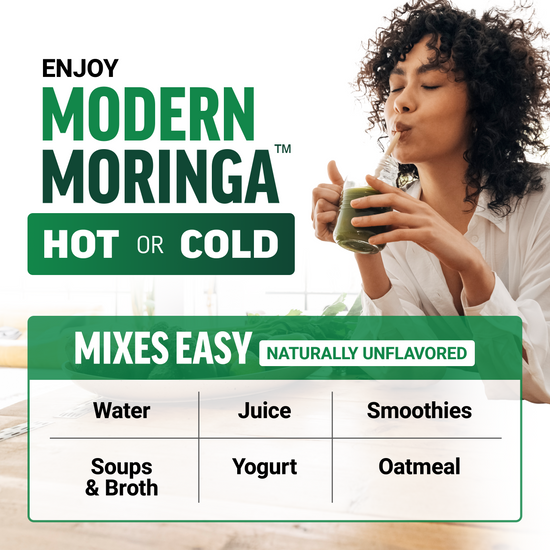 Woman drinking a green smoothie with 'Modern Moringa' branding and usage instructions.