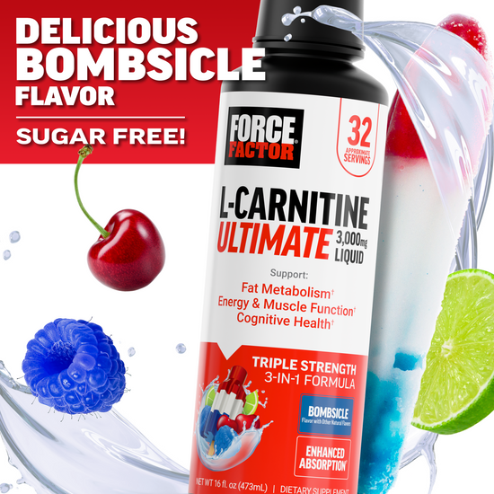 Force Factor L-Carnitine Ultimate 3,000mg liquid bottle in Bombsicle flavor, sugar free