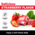 Strawberries beside text promoting strawberry flavor soft chews with no artificial flavors or sweeteners.