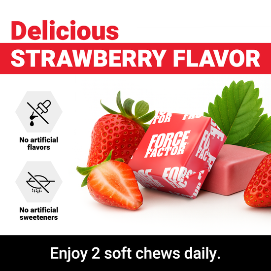 Strawberries beside text promoting strawberry flavor soft chews with no artificial flavors or sweeteners.