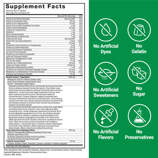 Supplement Facts Panel and Nutrition Information of Smarter Greens Tablets Supplement - Force Factor - Unleash Your Potential