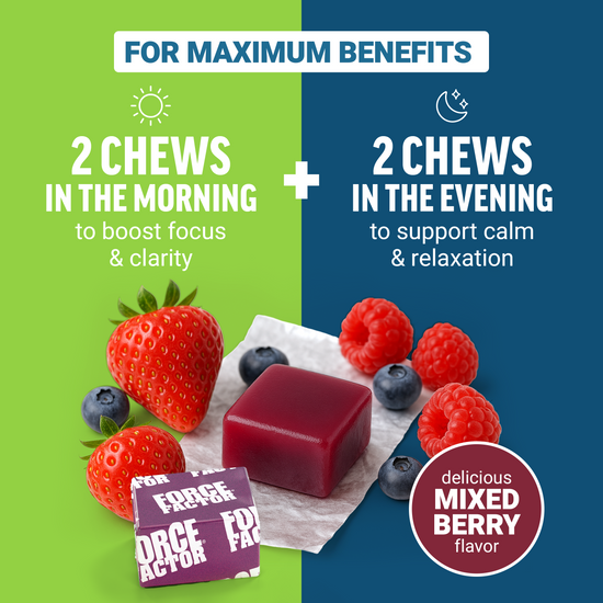 Take 2 chews in the morning and 2 in the evening to support focus, clarity, calm, and relaxation with mixed berry flavor.