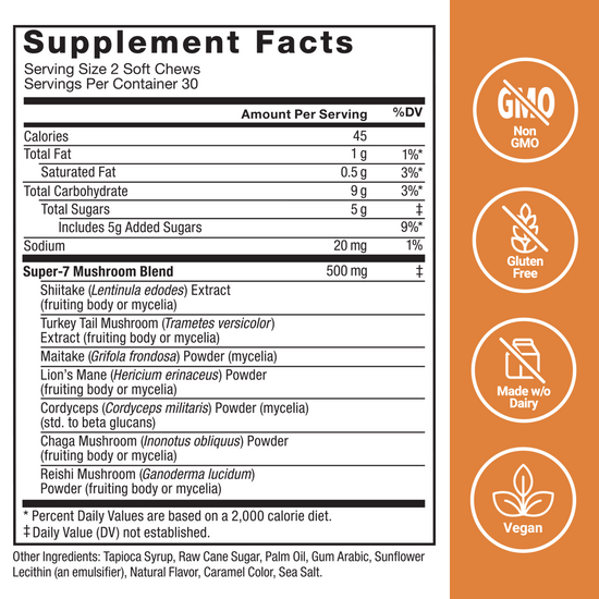 Supplement facts for Force Factor soft chews, highlighting mushroom blend, non-GMO, gluten-free, vegan, and dairy-free attributes.