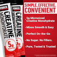 Close-up of creatine monohydrate stick packs and bullets listing 5g dose, smooth mixing, on-the-go, sugar-free formula.