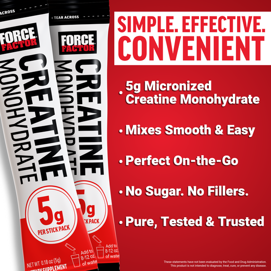Close-up of creatine monohydrate stick packs and bullets listing 5g dose, smooth mixing, on-the-go, sugar-free formula.