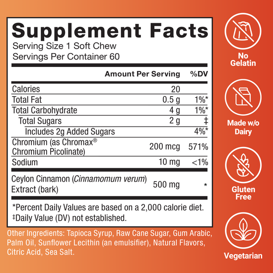 Supplement Facts: Splendid Cinnamon provides 500mg Ceylon cinnamon and 200mcg chromium per chew.